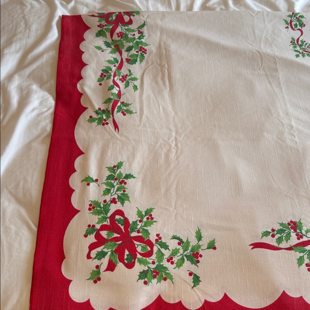 Vintage Christmas Table Cloth - approx 60” x 80”